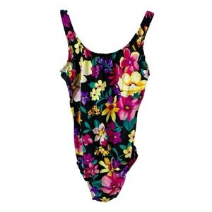 Lands’ End Floral Nylon Spandex One Piece Bathing Suit Scoop Back Lightly Padded
